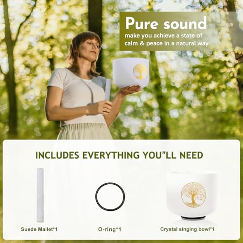 432HZ 8 Inch F Note Heart Chakra Crystal Singing Bowl Sound Healing, Frosted Quartz Crystal Tree of Life Sound Bowl, Sude and O-ring For Sound Healing Meditation - color: white Tree of Life, size: 8"F