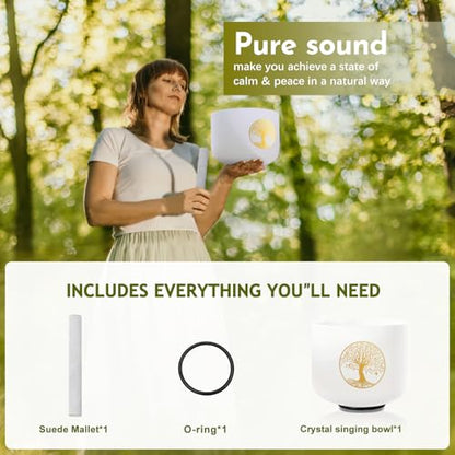 432HZ 8 Inch F Note Heart Chakra Crystal Singing Bowl Sound Healing, Frosted Quartz Crystal Tree of Life Sound Bowl, Sude and O-ring For Sound Healing Meditation - color: white Tree of Life, size: 8"F