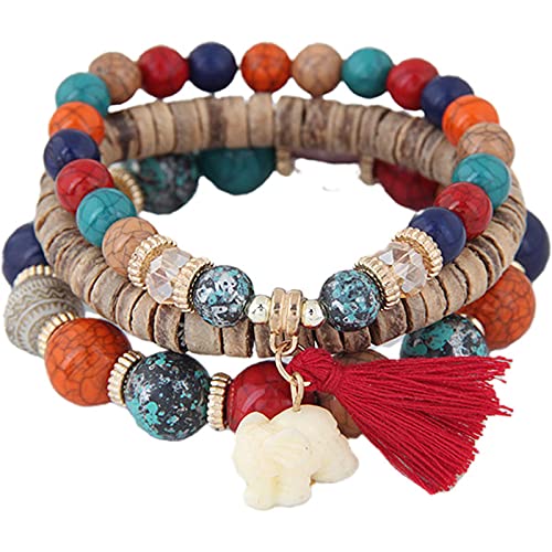 Bohemian Stackable Wood Wooden Beads Elephant Charm Tassel Stretchy Bracelet Set for Women Men Multilayered Multicolor Acrylic Resin Seeds Bracelet Ethnic Jewelry Gift - color: A elephant