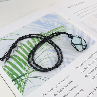 Natural unprocessed crystal raw stone hand woven rope adjustable necklace pendant for both men and women - color: A-Amazonite