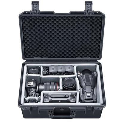 Lykus PVC2 Waterproof Hard Case with Padded Dividers for Cameras, Lenses, Small Stabilizers, Dual DJI Mavic/Air/Mini/Flip drones [CASE ONLY] - color: Black PVC2