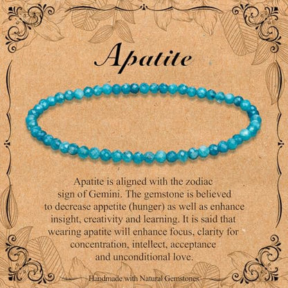 BONNY BOXX Natural Genuine Gemstone Faceted Round Beads Bracelets, 3mm Adjustable Stretchy Tiny Faceted Black Tourmaline Bracelet, Healing Crystal Reiki Chakra Dainty Jewelry Fashion Gifts - color: Apatite
