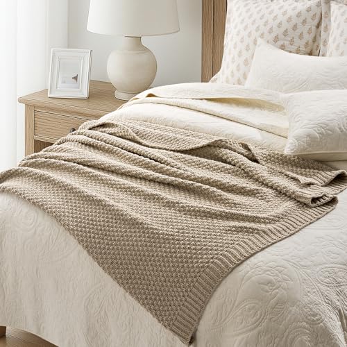 Chunky Chenille Knit Throw Blanket for Couch, Soft Luxurious Moss Stitch Blankets for Bed, Cozy Decorative Farmhouse Knitted Throws for Sofa, Sand Dune, 50" x 60"