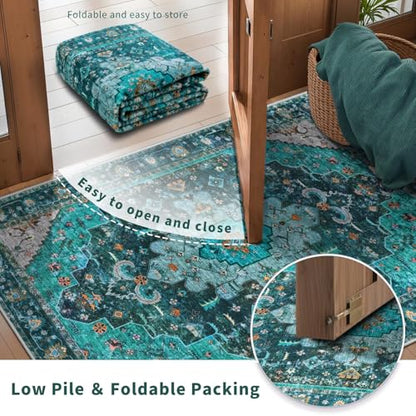 Ciicool Boho Washable 2x6 Runner Rugs,Hallway Kitchen Bedroom Beside Laundry Room Bathroom Rug, Pet & Kids Friendly, Non Slip Low Pile Stain Resistant Soft Foldable Floor Carpet - color: Teal/Multi, size: 2' X 6' (Runner)
