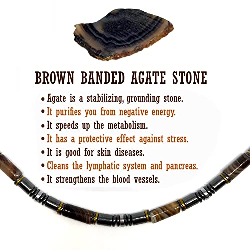 Healing Stress Anxiety Meditation Grounding Energy Gemstone Necklace Series - color: Brown Agate & Hematite -6 mm- Stone Tube Beads