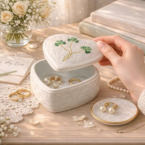 Belleek Classic Kylemore 4.4-Inch Trinket Box, Handcrafted Parian China Decorative Storage, Irish Shamrock Decor, White