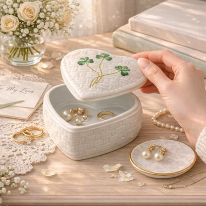 Belleek Classic Kylemore 4.4-Inch Trinket Box, Handcrafted Parian China Decorative Storage, Irish Shamrock Decor, White