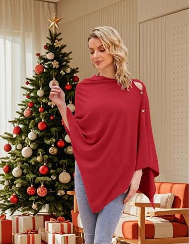 PULI Women's Versatile Knitted Shawls Scarf Poncho Sweater with Buttons Lightweight Spring Summer Fall Wraps - color: A-red