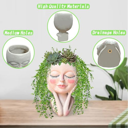 Head Planter Pot for Plants - Face Flower Pots Indoor Outdoor, Cute Succulent Head Planter, Creative Plant Pots With Drainage, Resin Cactus Planter Coffee Table Decor, Women/Mother Vase Gifts Ideas - size: Medium, style: Shy Flower Pot