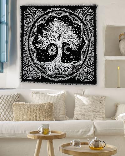 Indian Consigners Tree of Life Altar Cloth Tapestry Tablecloth Celtic Trees Ritual Spiritual Cloth for Sacred Places, Cotton Square Tarot Table Cover 24 by 24 Sacred - color: Silver Sun Moon Tree, size: 24" x 24" (Square)