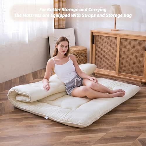 MAXYOYO Japanese Floor Futon Queen Size, Thicken Tatami Mat Sleeping Pad Foldable Roll Up Mattress Trifold Pad Guest Mat, Off White - color: Off White, size: Queen