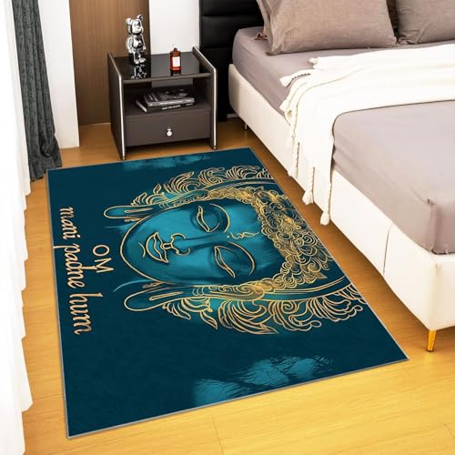 Meditation Tibetan Style Gold Blue Washable Rug 4x6 ft, Ultra Soft Large Area Rug Non Slip Rug Foldable, Blue Stain Resistant Rugs for Living Room Bedroom, Modern Low Pile Fuzzy Decor Rug - size: 4x6 ft