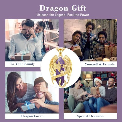 INFUSEU Unique Dragon Necklaces with Healing Crystal Stone for Men Women, Personalized Spiritual Gifts, 24 Inch Chain - color: Gold-Amethyst