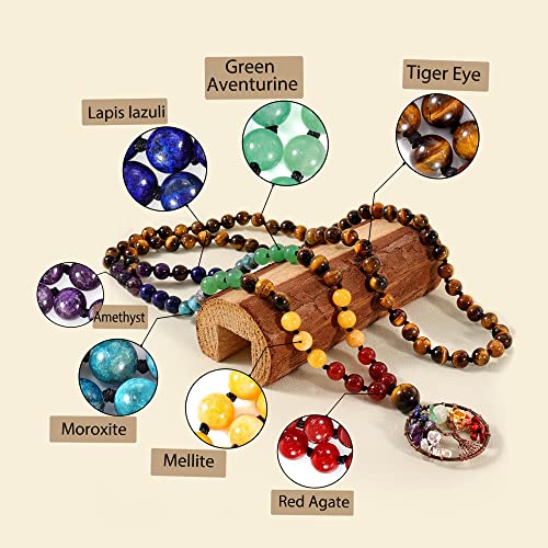 Bivei 108 Mala Beads Necklace Life Tree 7 Chakra Wrap Bracelet Real Healing Gemstone Yoga Meditation Hand Knotted Mala Prayer Bead Necklace - color: Tiger Eye Stone, size: 8mm