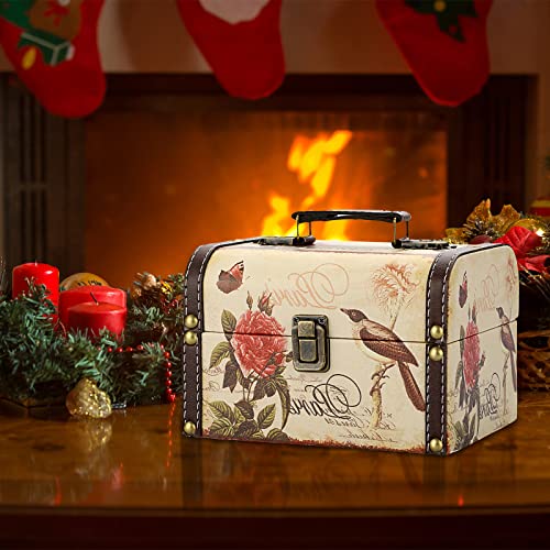 Decorative Treasure Chest Box, Wooden + PU Leather Storage Box for Jewelry Trinkets, Keepsakes box for Girls Women Gifts (Bird + Flower Pattern)