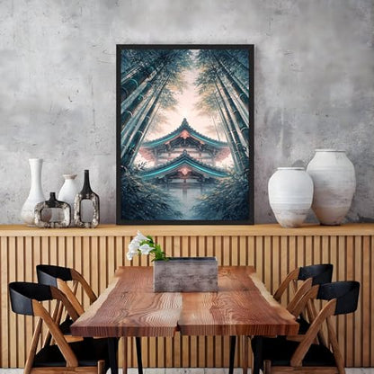 Framed Zen Bamboo Temple Poster Canvas Print Art Rustic Minimalist Aesthetic Wall Art Painting Pictures Wall Decor Exquisite Home Decor for Living Room Bedroom Office (Black,12"x16"inch)