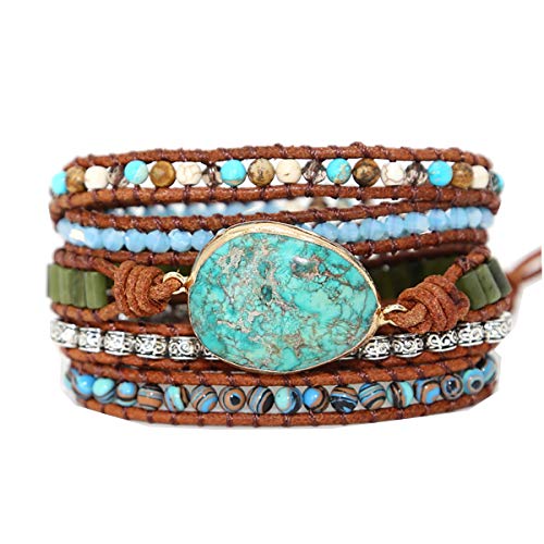 Boho Wrap Bracelet for Women, Handmade Natural Imperial Jasper Multi-Layer Stone Beaded Bracelet, Bohemian Healing Crystal Stone Jewelry Gifts - color: Green Opal