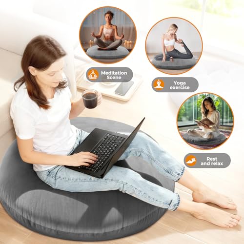 32 Inch Round Floor Pillow, Large Thick Meditation Cushion for Adults with Velvet Cover, Supportive Floor Seating for Yoga Lounge Living Room, 13 Inch Thick Padding, Grey
