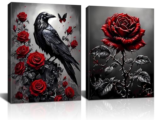 Framed Red Rose & Crow Wall Art 12x16 inch,Vintage Flowers Canvas Wall Art,Dark Academia Botanical Poster Prints,Romantic Rose Floral Decor for Living Room,Bedroom,Bathroom - color: Framed-Romantic Rose Floral Decor