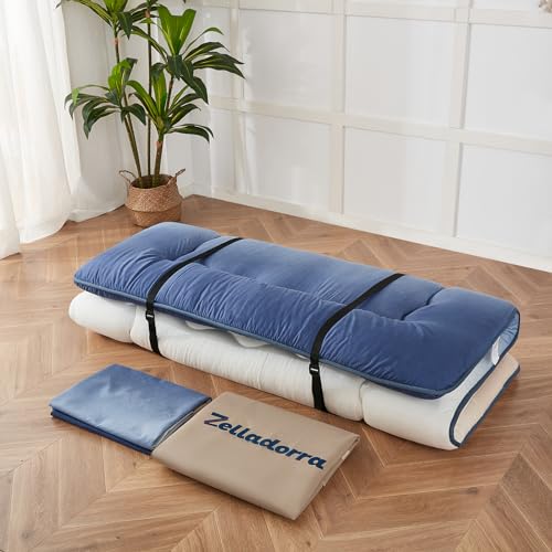 Zelladorra Japanese Floor Mattress, Futon Mattress with Portable Storage Bag and Washable Cover, Roll Up Thick Tatami Mat Suitable for Camping, Guest Room (Coastal Gradient, Twin)