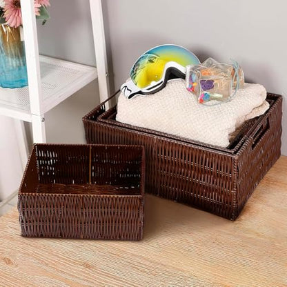 Elevon Plastic Wicker Basket Set of 4, Handmade Storage Basket for Organizing with Handles, Storage Bins for Home Kitchen Countertop, Shelf Organizer, Waterproof, Coffee