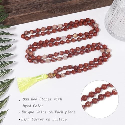 8MM Beads Chakra Long Mala Necklace Natural Stone Meditation Statement Necklace Japa Yoga Buddhist Rosary Prayer Charm Beaded Tassel Necklace - color: Redstone