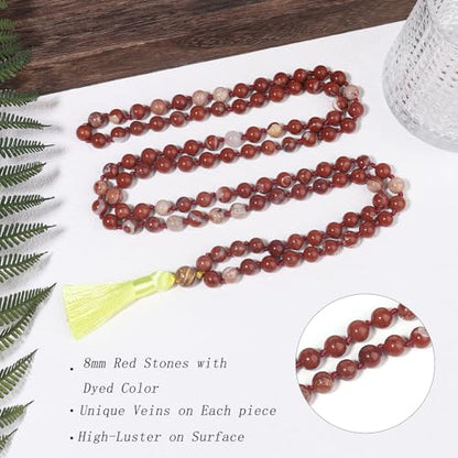 8MM Beads Chakra Long Mala Necklace Natural Stone Meditation Statement Necklace Japa Yoga Buddhist Rosary Prayer Charm Beaded Tassel Necklace - color: Redstone