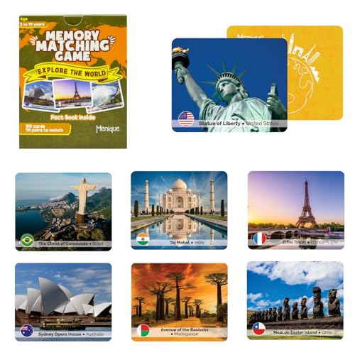 Menique Explore the World Memory Matching Game – 100 Cards (50 Pairs) with Famous Landmarks from 50 Countries – Includes Flag, Country & Place – Educational Geography Game + Informative Booklet - style: Explore the World