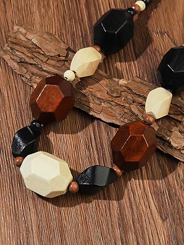COLORFUL BLING Ethnic Natural Wood Beads Necklace for Men Women Africa Wooden Chain Chunky Strand Necklace Statement Hip Hop Jewelry - color: mix brown black