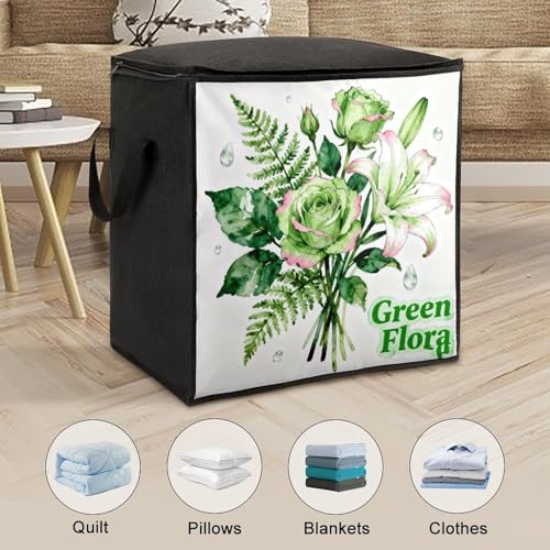 Green Flora Storage Bag Portable Closet Organizer Storage Bags Quilt Storage Bags with Zippered Breathable Storage Bag with Carry Handles for Blanket Pillow Bedding