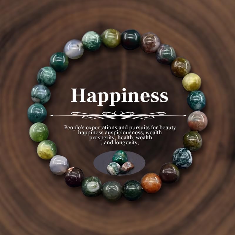 Natural Stone Beaded Bracelets for Women Men - 8MM Semi-Precious Stones Bracelets Adjustable Crystal Beads Stretch Bracelet - color: Indian Agate