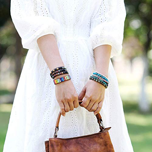 Boho Wrap Bead Bracelet for Women - Handmade Adjustable Natural Stone Beaded Bracelets Yoga Healing Bracelet Bangle Hippie Jewelry - color: Matte Turquoise