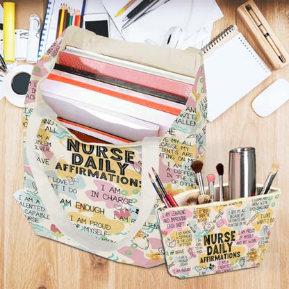 Daily Affirmations for Women, 2PCS Cosmetic Bag Canvas Tote Bag Beach Bags with Pocket Makeup Bags,Nurse Gifts for Nurses Women Nursing Student Female RN Nurse Coworker Birthday Friendship Nurse Day - color: Nurse Affirmations 0943