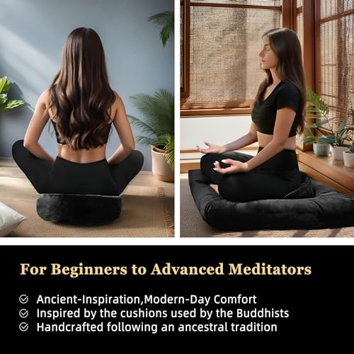 Meditation Cushion Set Zafu & Zabuton – Buckwheat Hull & Memory Foam, Adjustable Floor Pillow for Yoga, Meditation & Sitting, Removable Velvet Cover (Classic Black)