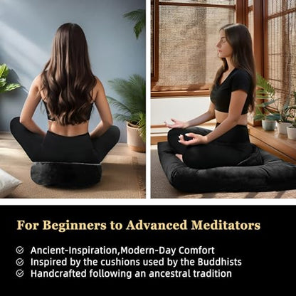 Meditation Cushion Set Zafu & Zabuton – Buckwheat Hull & Memory Foam, Adjustable Floor Pillow for Yoga, Meditation & Sitting, Removable Velvet Cover (Classic Black)