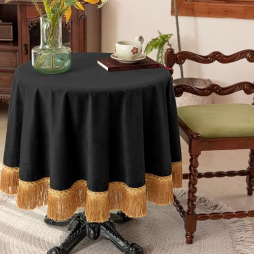 F-CHU Black 48 Inch Round Tablecloth Thickset Velvet Tablecloth with Beautiful Gold Tassels Vintage Table Cloth for Home Decor Wedding, Party, Banquet and Events 48" Round - color: Black, size: 48" (Round)