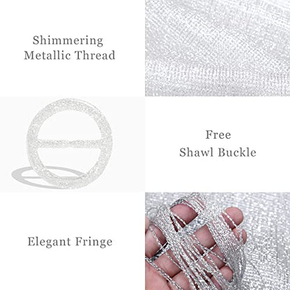vimate Sparkling Metallic Shawls and Wraps for Evening Party/Wedding/Formal Dresses (With Free Buckle) - color: F1#. White (With Silver Buckle)