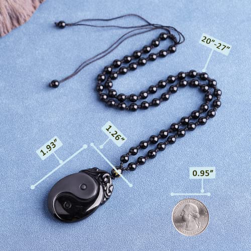 Black Obsidian Necklace Protection Pendant with Extended Bead Chain Healing Crystal Stone Amulet Necklace for Men Women - color: Tai Chi Yin Yang