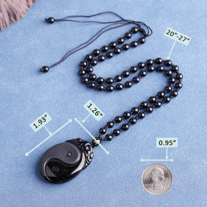 Black Obsidian Necklace Protection Pendant with Extended Bead Chain Healing Crystal Stone Amulet Necklace for Men Women - color: Tai Chi Yin Yang