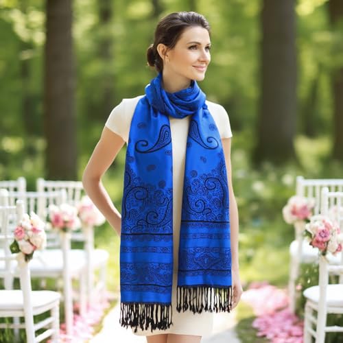 Ciormis Two Tone Silky Paisley Pashmina Shawl Scarf,Soft Women's Rave Jacquard Pashminas Wrap Scarves - color: P#. Royal Blue Paisley