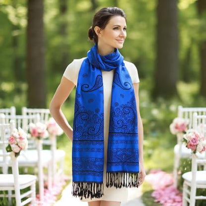 Ciormis Two Tone Silky Paisley Pashmina Shawl Scarf,Soft Women's Rave Jacquard Pashminas Wrap Scarves - color: P#. Royal Blue Paisley