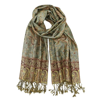 Ciormis Two Tone Silky Paisley Pashmina Shawl Scarf,Soft Women's Rave Jacquard Pashminas Wrap Scarves - color: Style1 -Olive Green Paisley