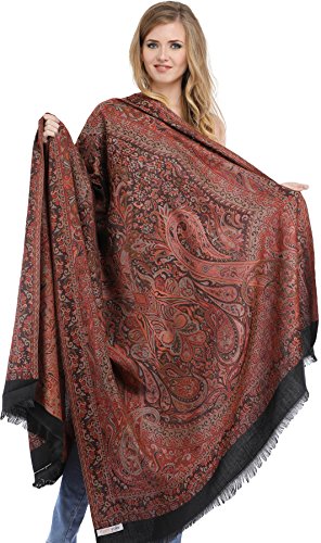 Exotic India Reversible Jamawar Shawl with Woven Paisleys - Wool - color: Black