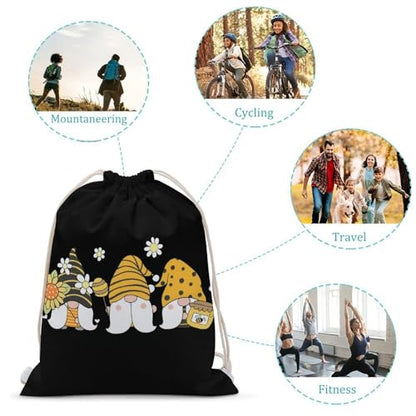 Sunflower Bee Cute Cartoon Gnome Black Portable Canvas Drawstring Backpack with Drawstring Pockets 30x40cm - color: Sunflower Bee Cute Cartoon Gnome Black, size: 30x40cm