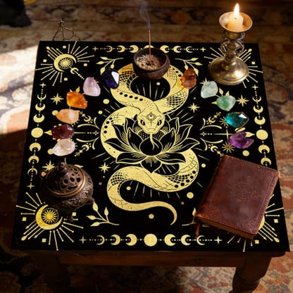 Tarot Altar Cloth Black Tablecloth Moon Snakes Lotuses Print Card Table Tablecloth with Velvet Tarot Card Bag for Reading Rituals Crystals Spiritual Divination Witchcraft Supplies - color: Snakes Lotuses