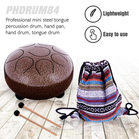 Pyle Professional Pan Drum, Steel Pan, Finger Steel Drum, Harmonic Handpan - Includes Rubber Mallet and Travel Bag (PHDRUM84) - color: Brown