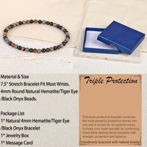 LPBeads Handmade Natural Gemstone Stretch Elastic Bracelet Healing Crystal Round Stone Beads Jewelry Gifts for Women Men - color: Onyx Tiger Hematite Mixed, size: 4mm