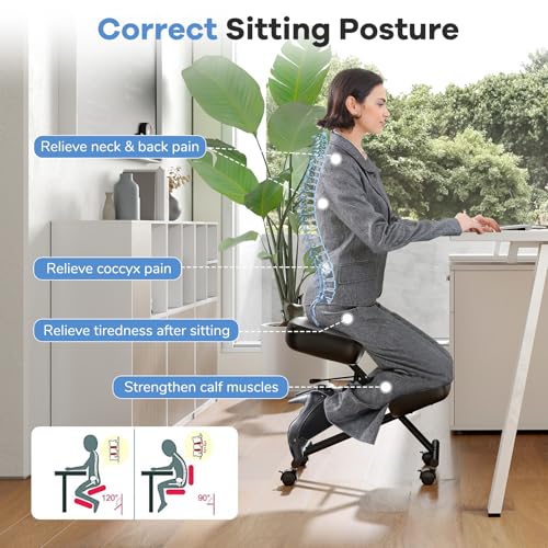 Goplus Kneeling Chair, Upholstered Mobile Desk Chair w/Adjustable Height, Thickened Sponge Cushion, 4 Lockable Universal Wheels, Office Home Padded Stool with Angled Seat, Black (1)