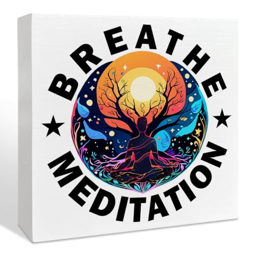 Yoga Room Desk Wooden Box Sign Decor, Meditation Zen Den Room Wood Box Sign Decorations, Spiritual Room Decor, Meditation Gifts for Women Men Yoga Lover, Breathe Meditation - color: G