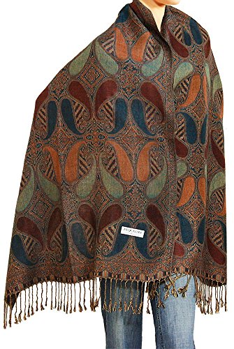 Falari Women's Reversible Paisley Pashmina Shawl Wrap Scarf For Evening Dresses Festivals Any Occasions All Seasons 80"x27" - color: Style 2 - Brown Navy